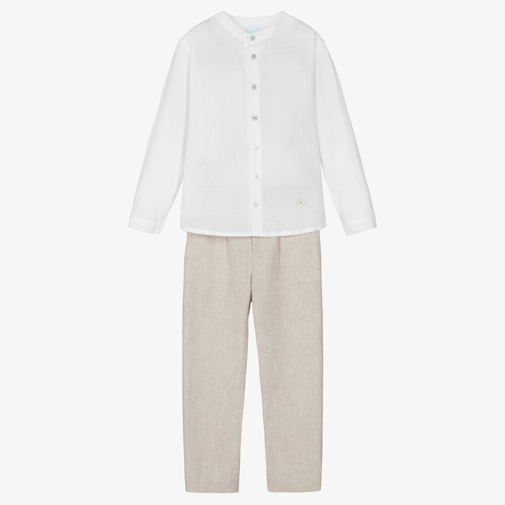 Artesanía Granlei-Boys White Shirt & Beige Trouser Set | Childrensalon