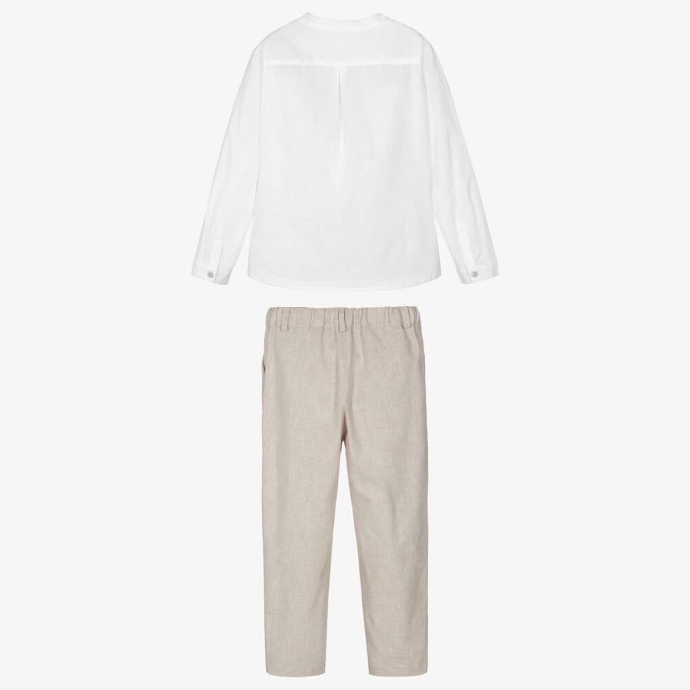 Artesanía Granlei-Boys White Shirt & Beige Trouser Set | Childrensalon