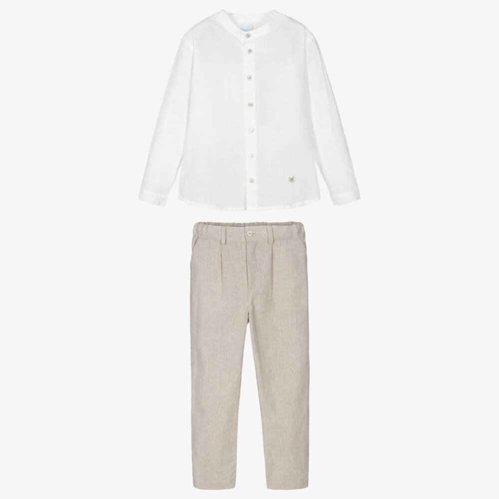 Artesanía Granlei-Boys White Shirt & Beige Trouser Set | Childrensalon