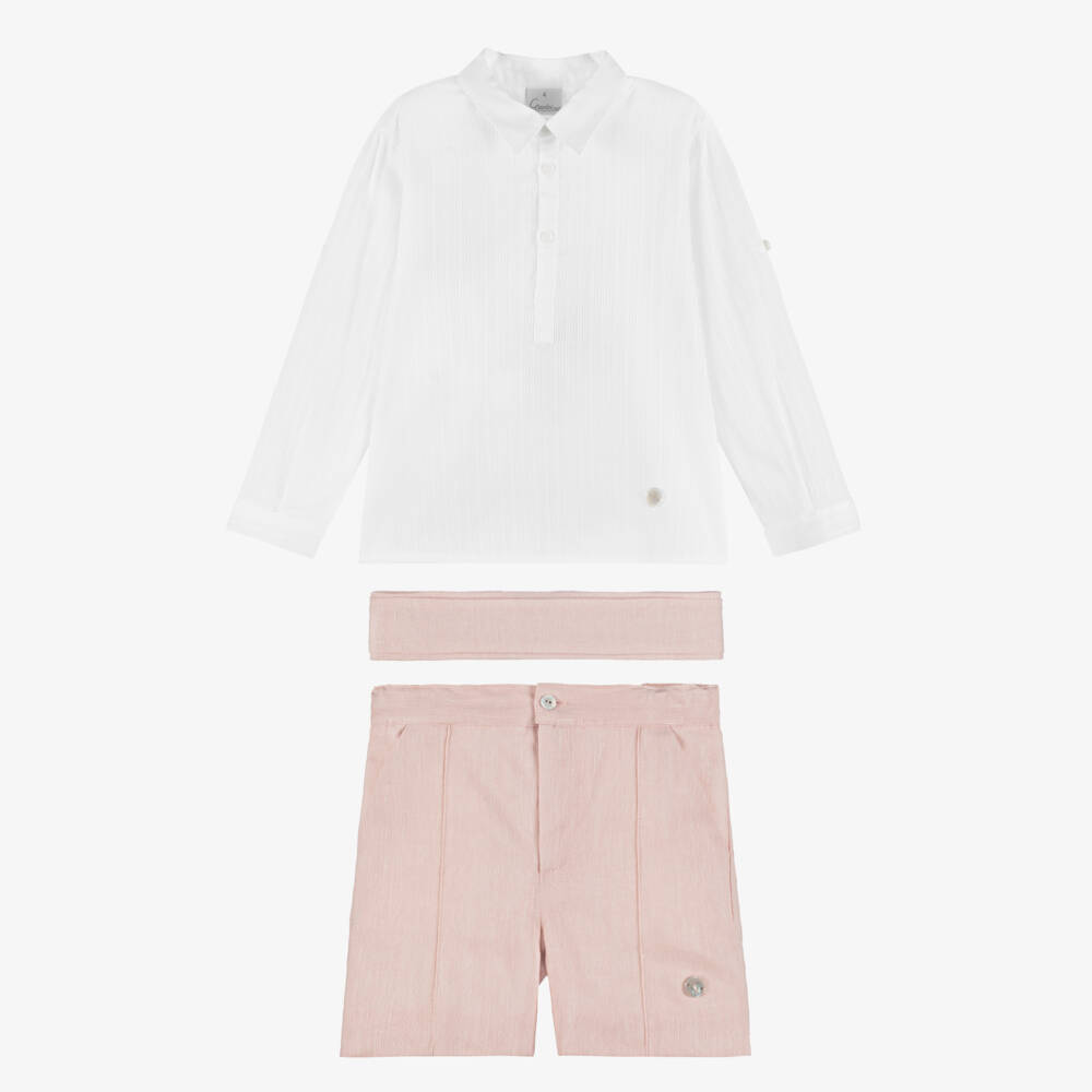 Artesanía Granlei-Boys White Shirt & Pastel Pink Shorts Set | Childrensalon