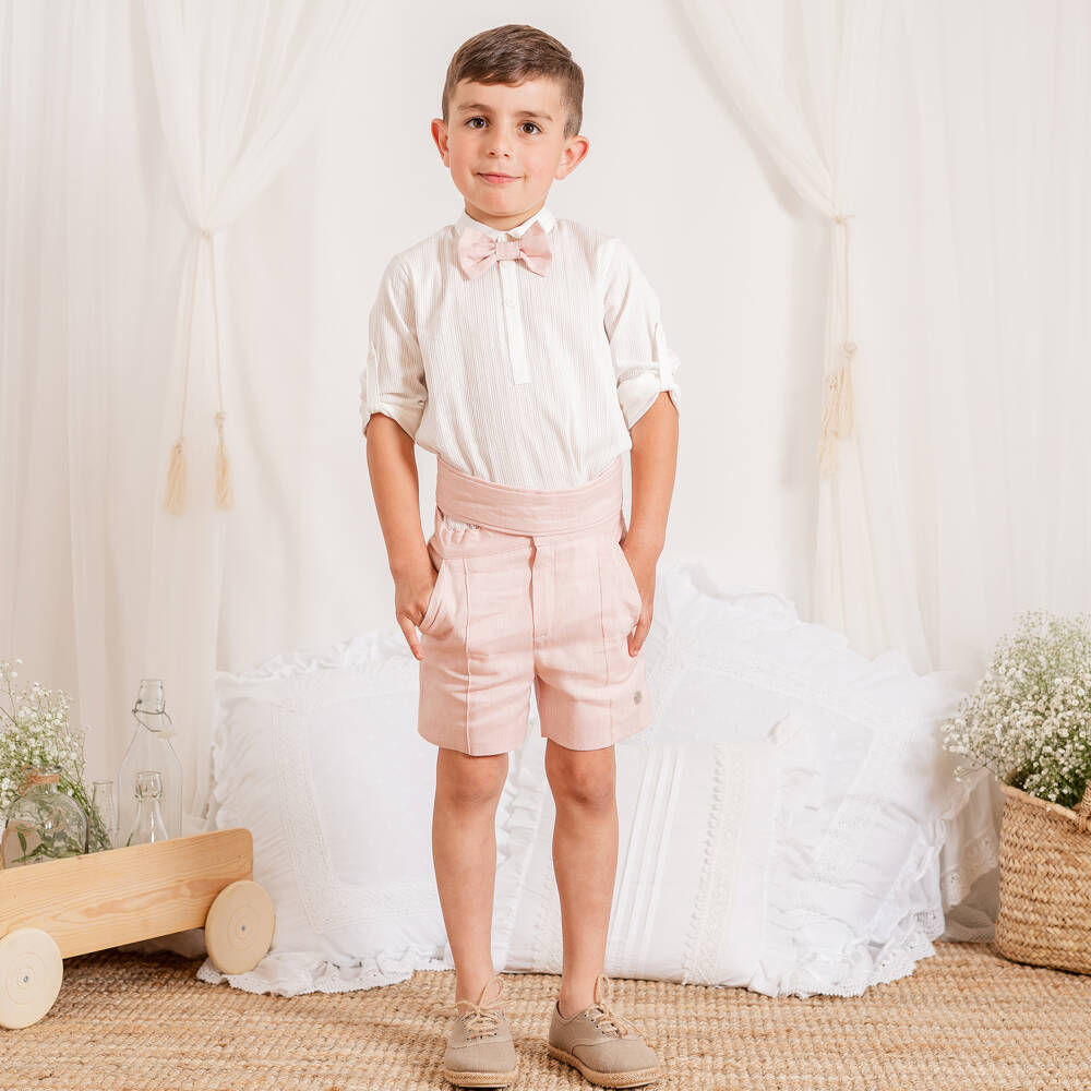 Artesanía Granlei-طقم قميص وشورت لون أبيض وزهري فاتح للأولاد | Childrensalon