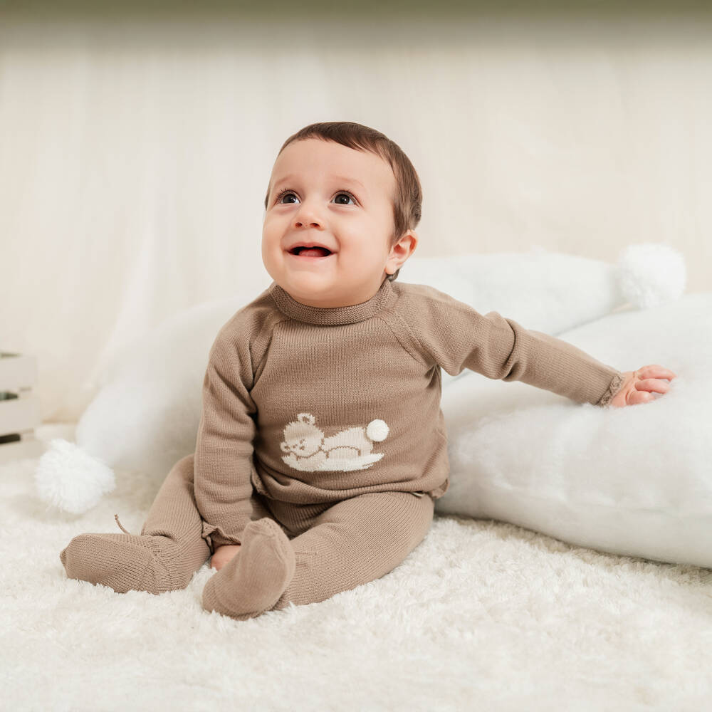 Artesanía Granlei-Brown Knitted 2 Piece Babygrow with Teddy Bear Motif | Childrensalon