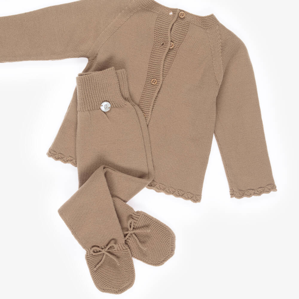 Artesanía Granlei-Brown Knitted 2 Piece Babygrow with Teddy Bear Motif | Childrensalon