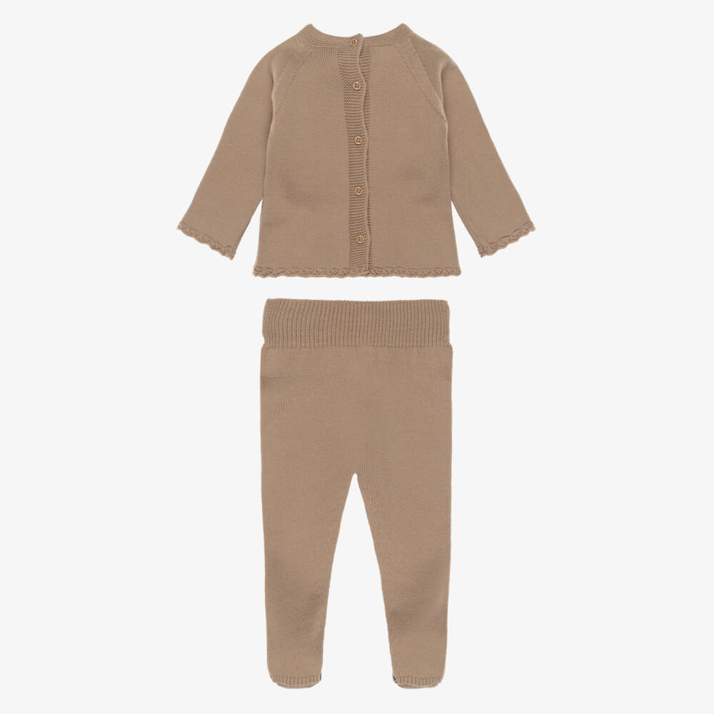 Artesanía Granlei-Brown Knitted 2 Piece Babygrow with Teddy Bear Motif | Childrensalon