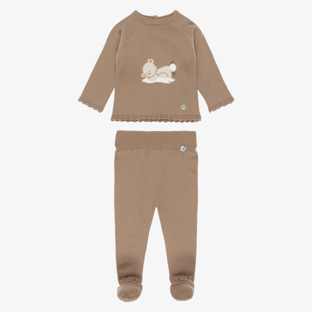Artesanía Granlei-Brown Knitted 2 Piece Babygrow with Teddy Bear Motif | Childrensalon