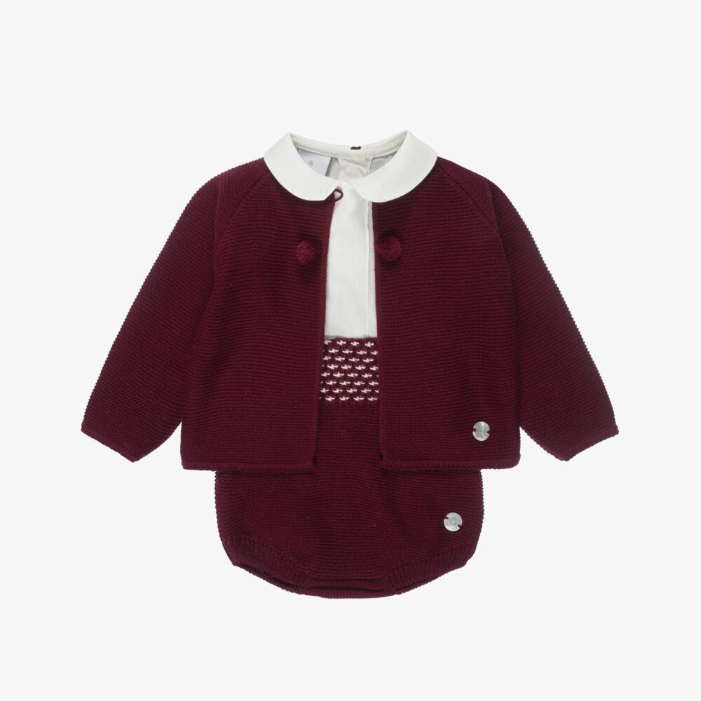 Artesanía Granlei-Burgundy Red Knitted Baby Shorts Set | Childrensalon