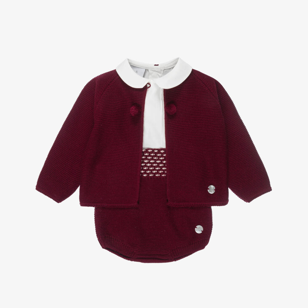 Artesanía Granlei-Burgundy Red Knitted Baby Shorts Set | Childrensalon