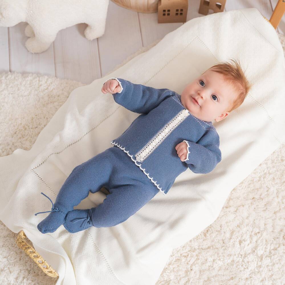 Artesanía Granlei-Dark Blue Knitted 2 Piece Babygrow with Lace Trim | Childrensalon