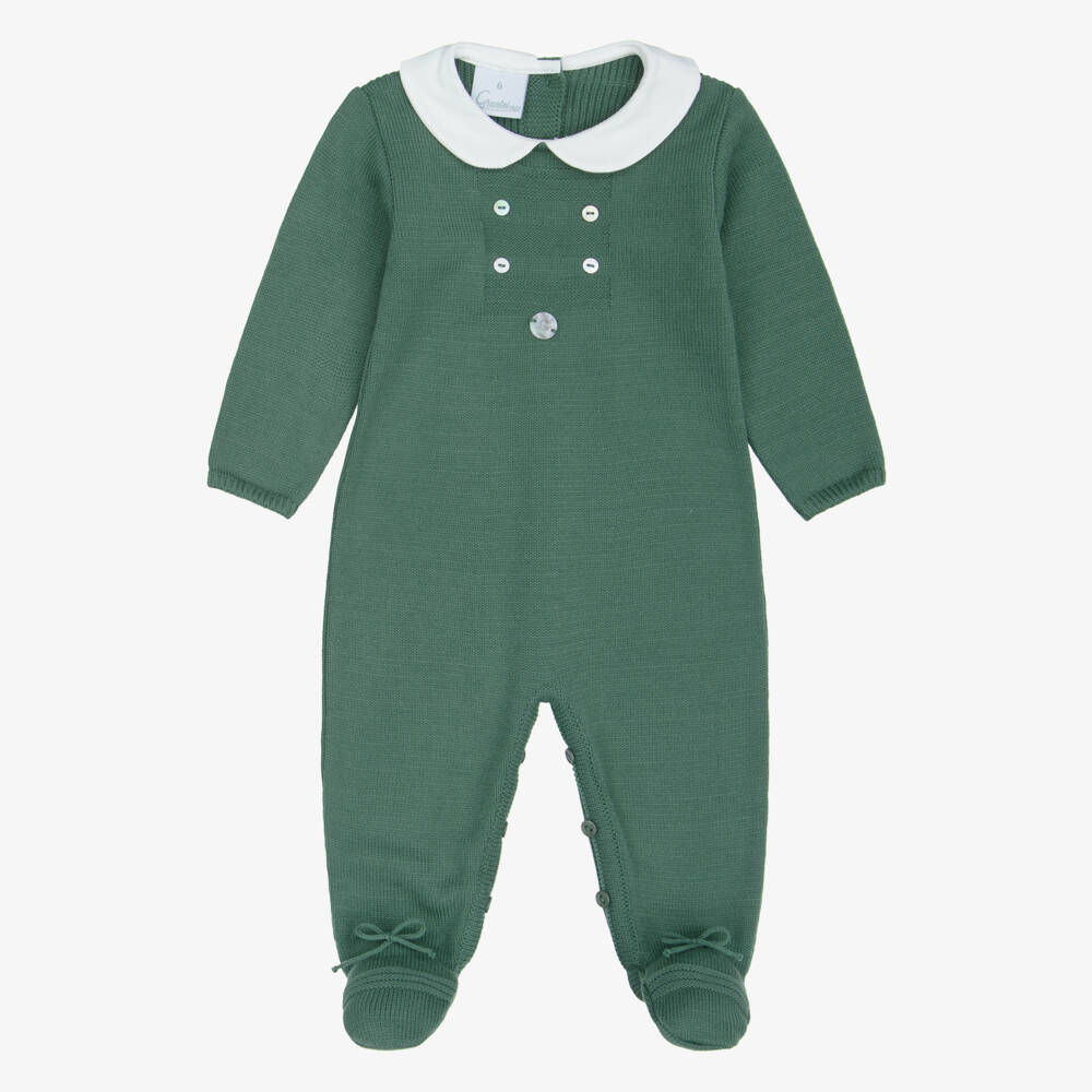 Artesanía Granlei-Dark Green Knitted Babygrow with Woven Collar | Childrensalon