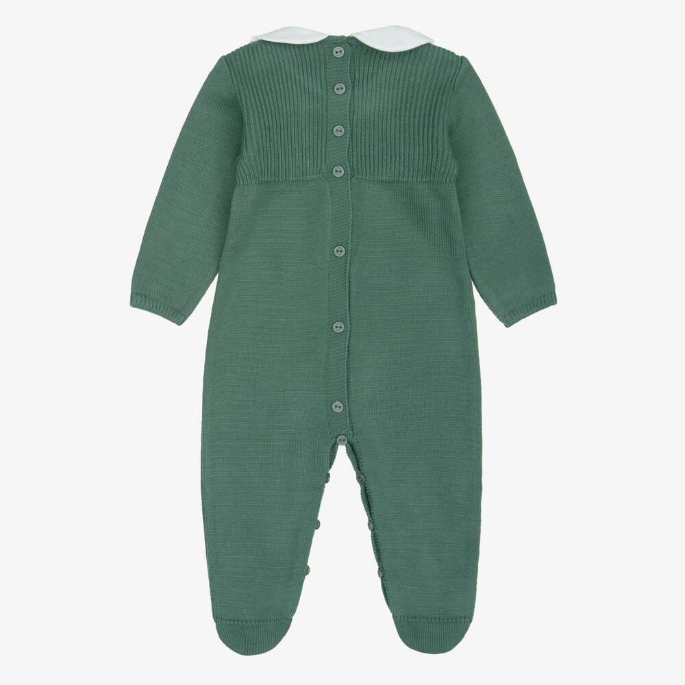 Artesanía Granlei-Dark Green Knitted Babygrow with Woven Collar | Childrensalon