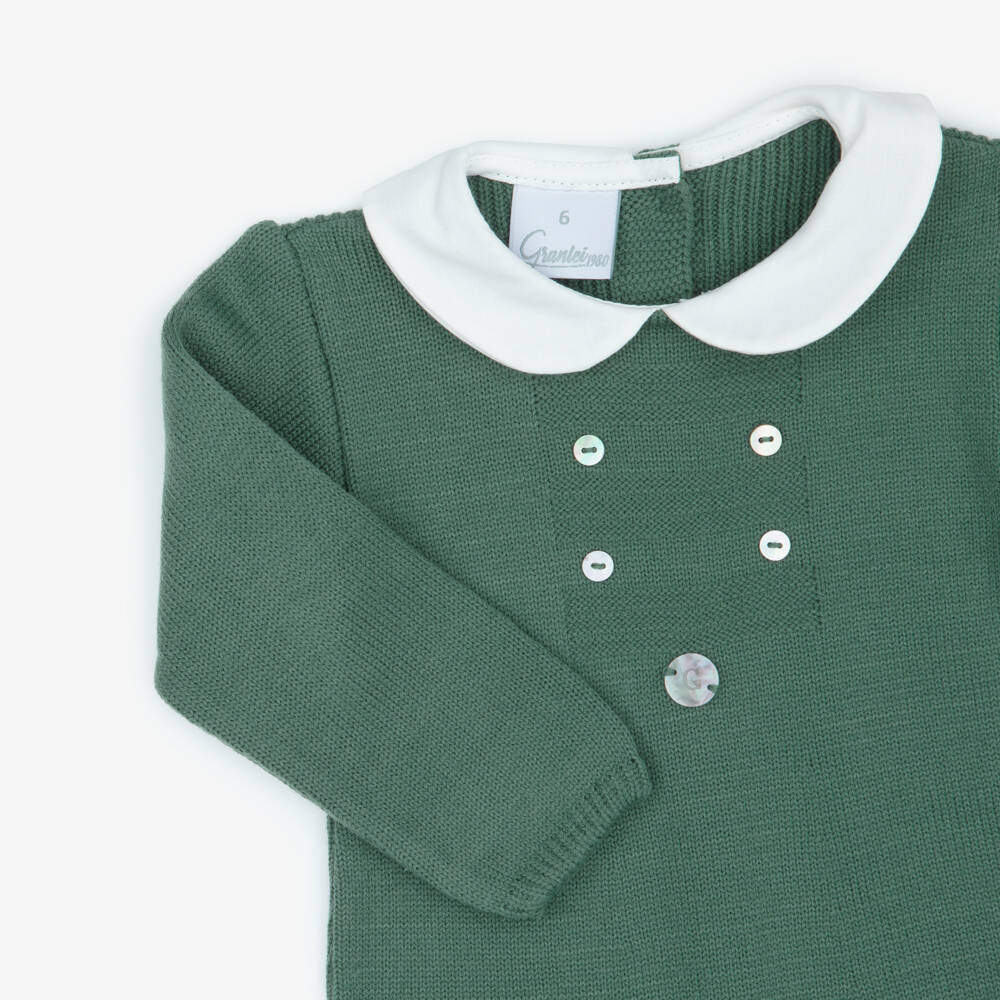 Artesanía Granlei-Dark Green Knitted Babygrow with Woven Collar | Childrensalon