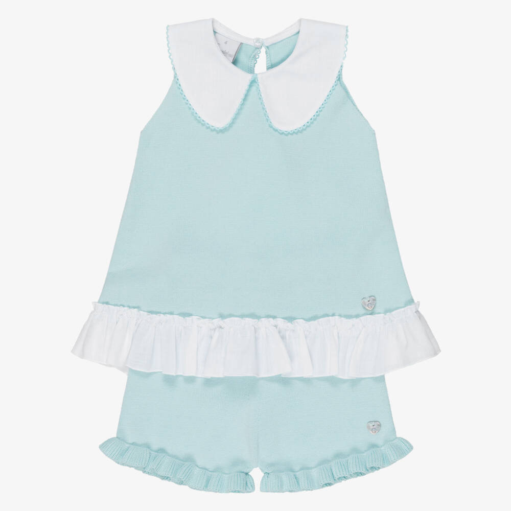 Artesanía Granlei-Girls Aqua Green Knitted Top & Shorts Set | Childrensalon