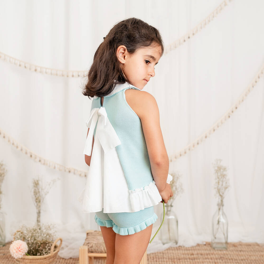 Artesanía Granlei-Girls Aqua Green Knitted Top & Shorts Set | Childrensalon