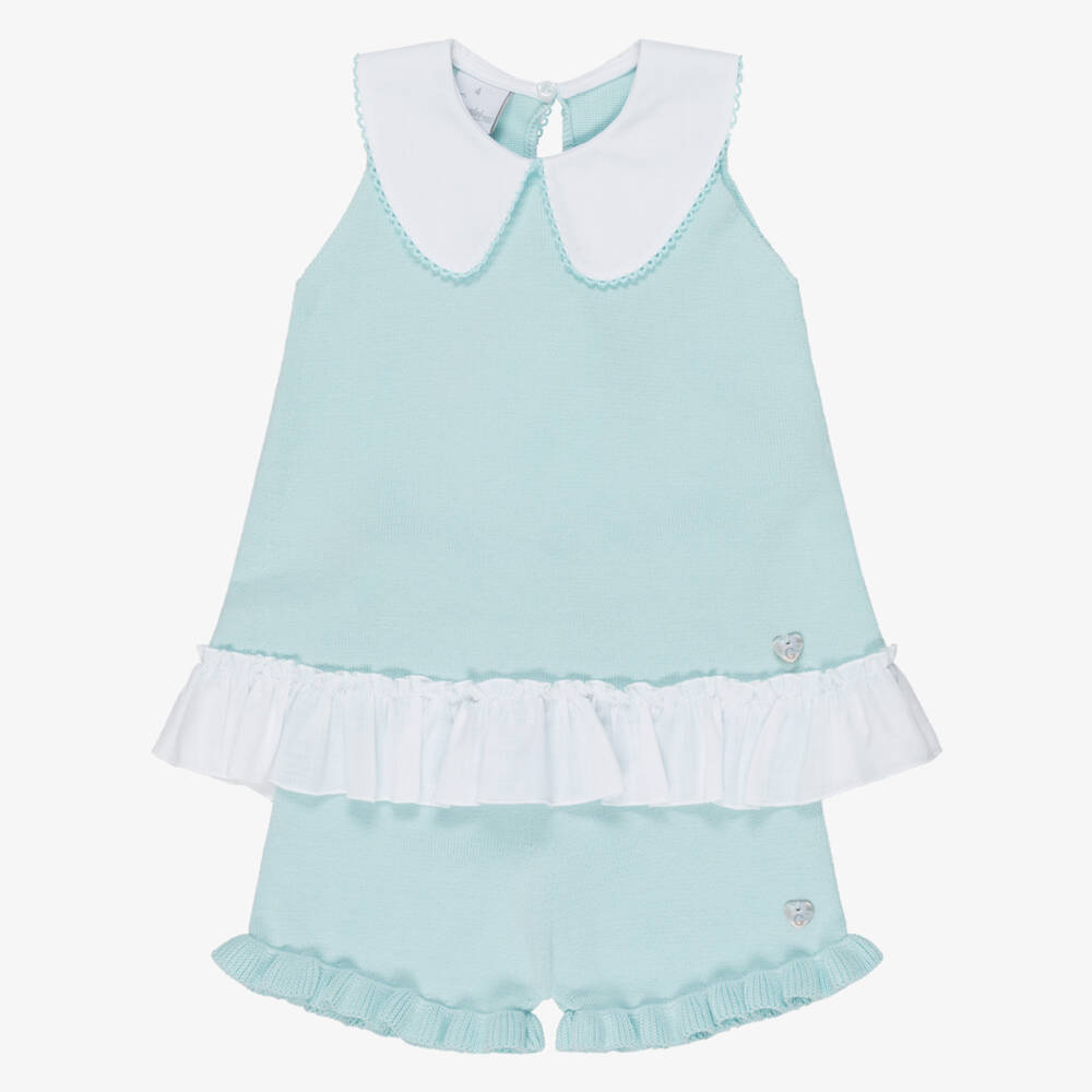 Artesanía Granlei-Girls Aqua Green Knitted Top & Shorts Set | Childrensalon