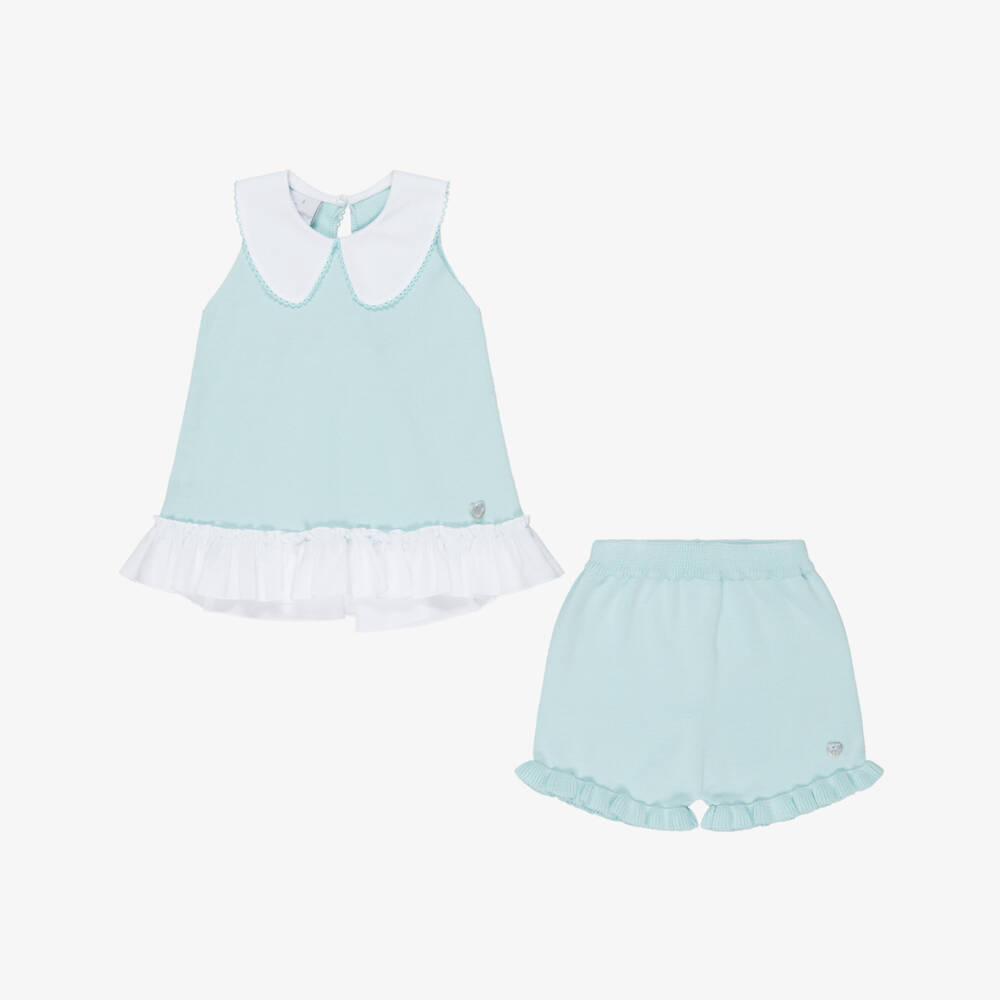 Artesanía Granlei-Girls Aqua Green Knitted Top & Shorts Set | Childrensalon
