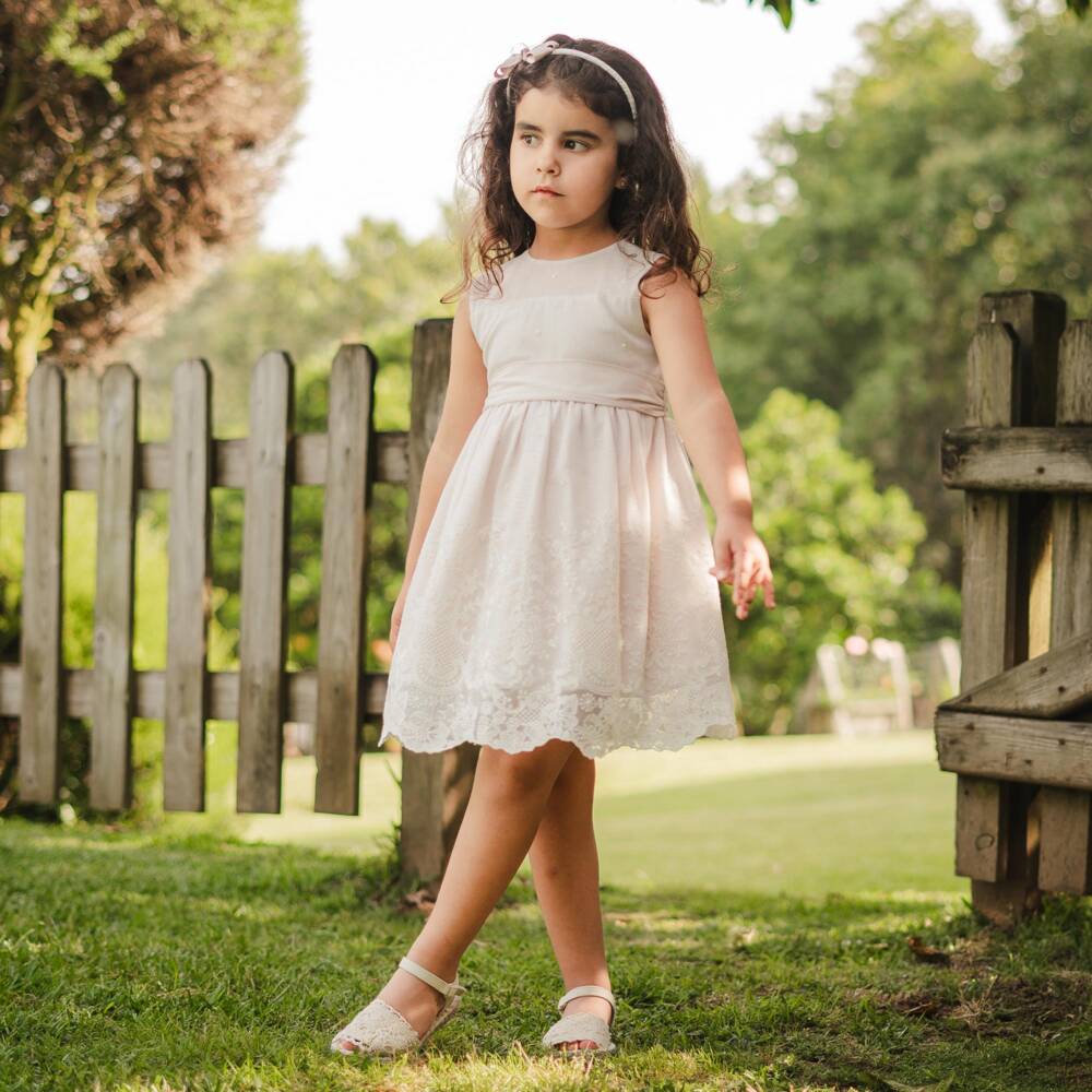 Artesanía Granlei-Girls Beige Embroidered Tulle Dress | Childrensalon