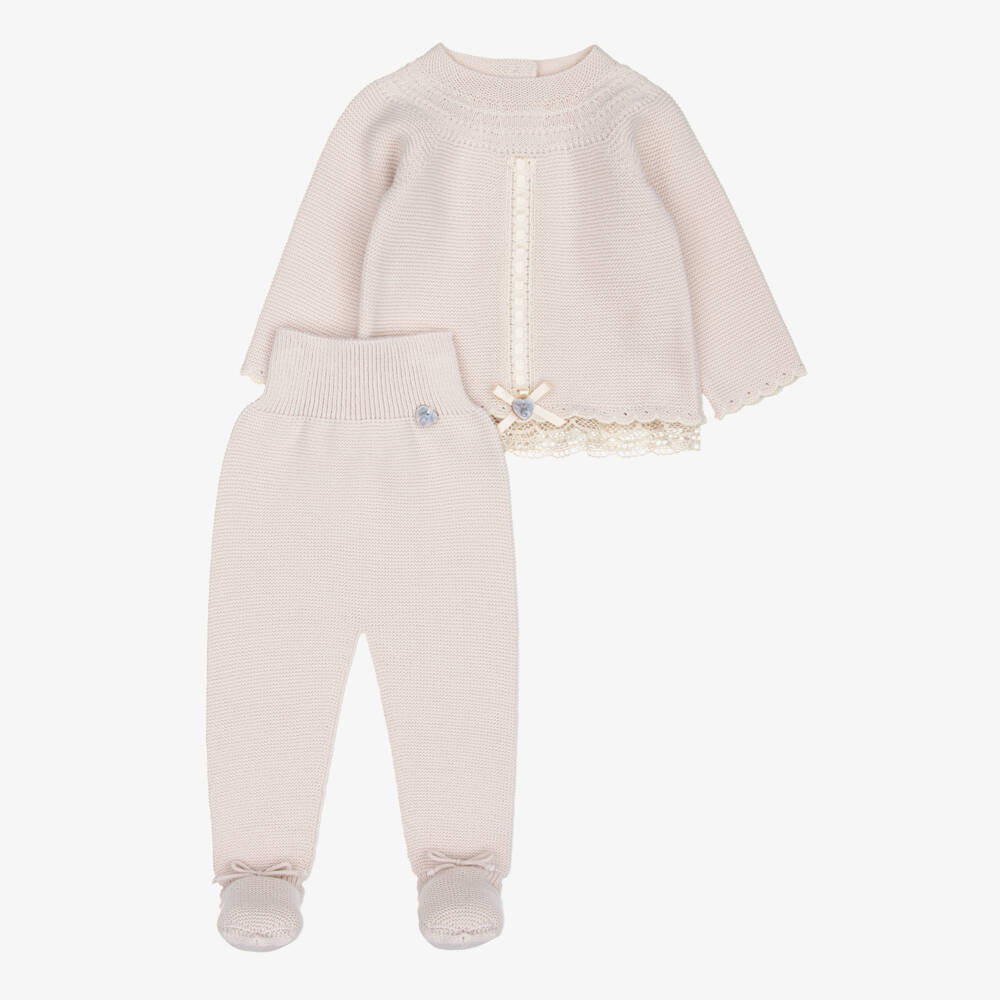 Artesanía Granlei-Girls Beige Knit Babysuit Set with Bonnet | Childrensalon