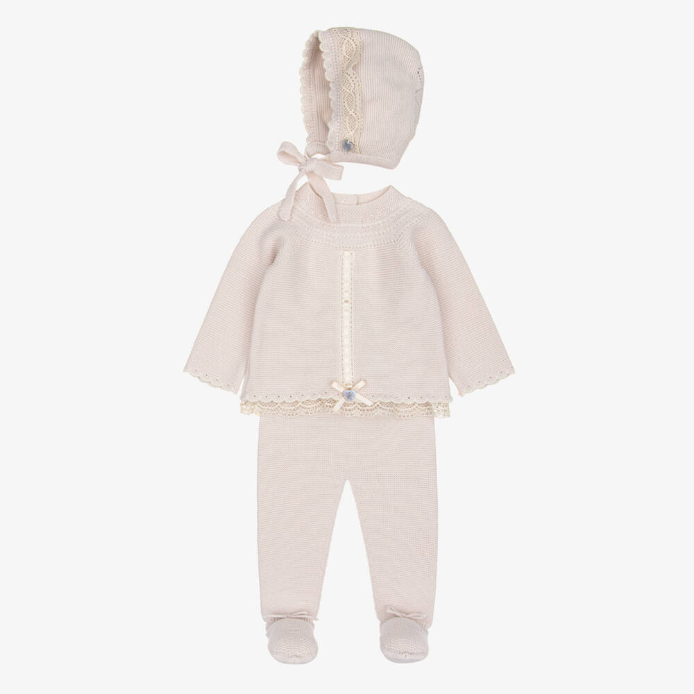 Artesanía Granlei-Girls Beige Knit Babysuit Set with Bonnet | Childrensalon