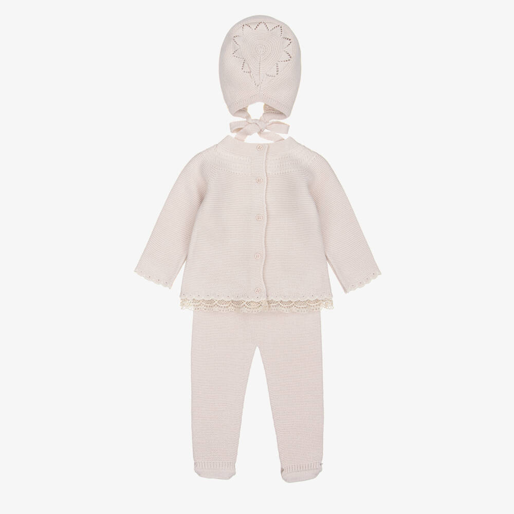 Artesanía Granlei-Girls Beige Knit Babysuit Set with Bonnet | Childrensalon