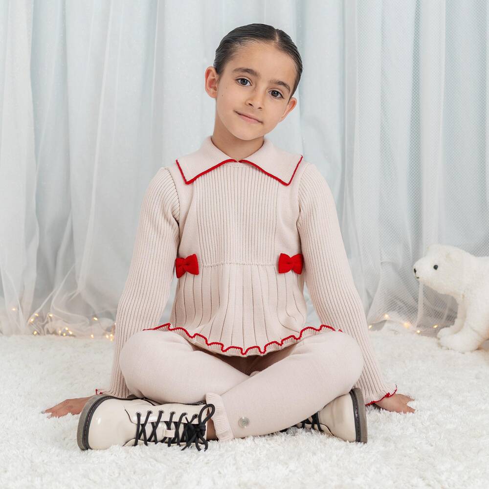 Artesanía Granlei-Girls Beige Knit Leggings Set with Red Bows | Childrensalon