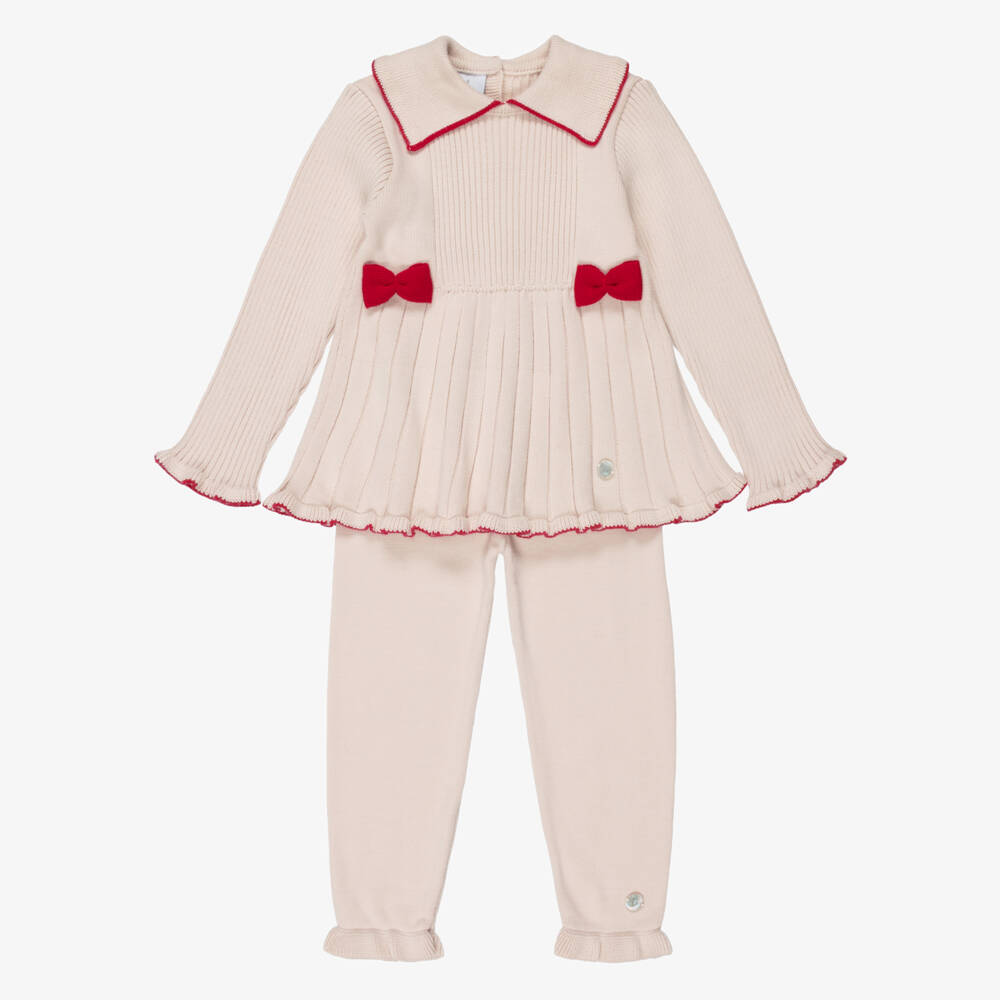 Artesanía Granlei-Girls Beige Knit Leggings Set with Red Bows | Childrensalon