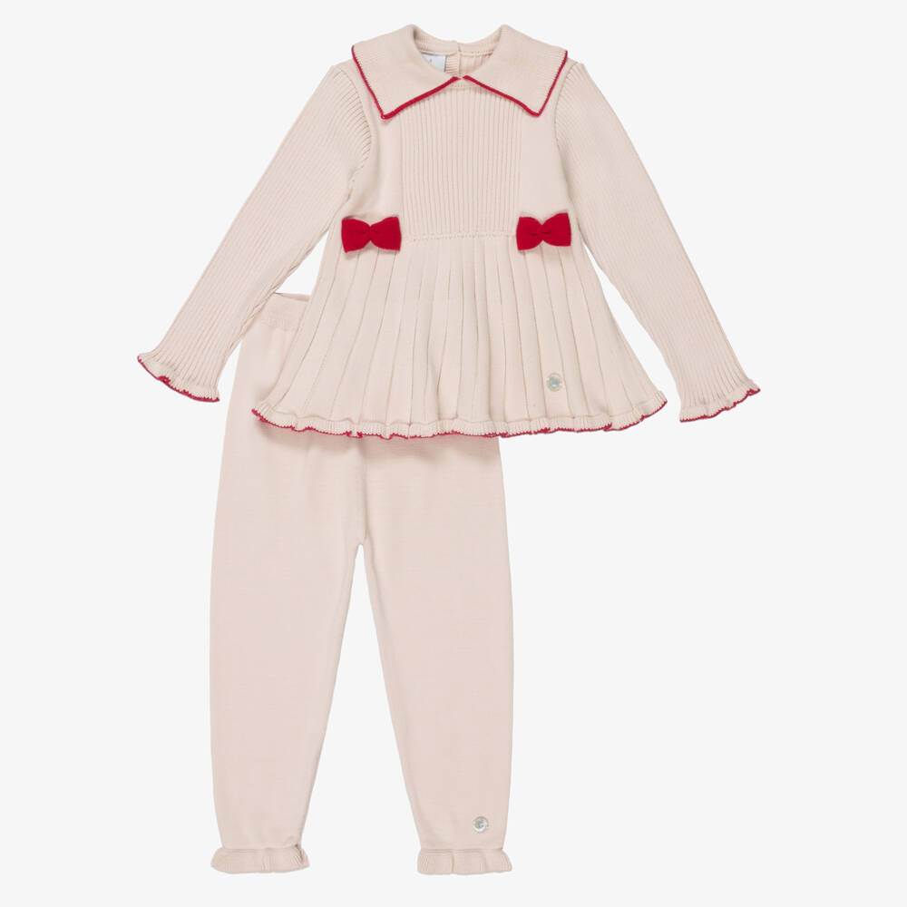 Artesanía Granlei-Girls Beige Knit Leggings Set with Red Bows | Childrensalon