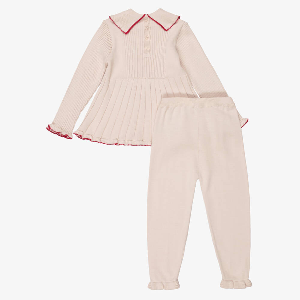 Artesanía Granlei-Girls Beige Knit Leggings Set with Red Bows | Childrensalon