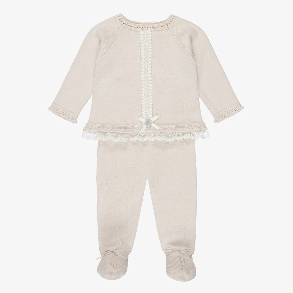 Artesanía Granlei-Girls Beige Knitted 2 Piece Babygrow with Lace Trims | Childrensalon