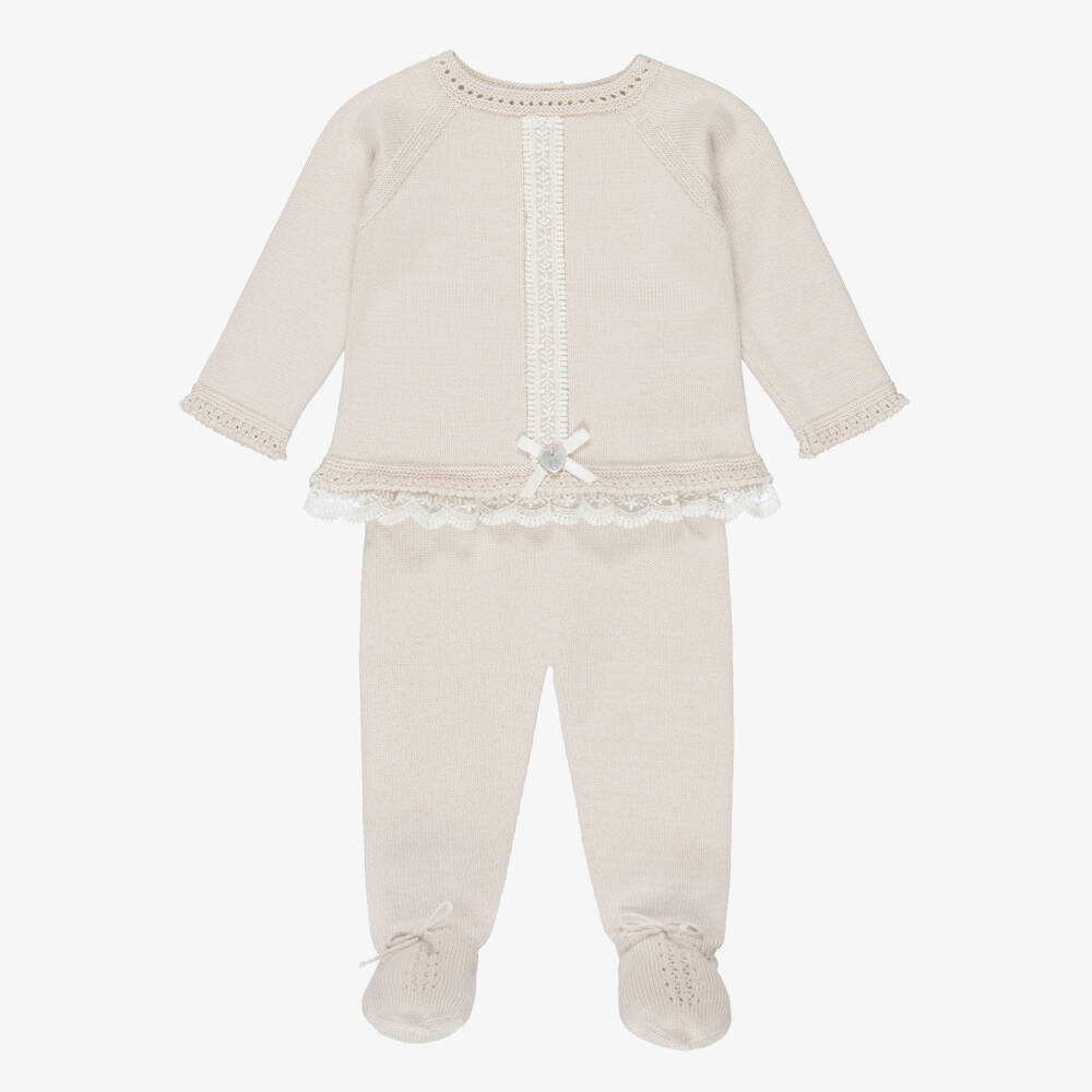 Artesanía Granlei-Girls Beige Knitted 2 Piece Babygrow with Lace Trims | Childrensalon