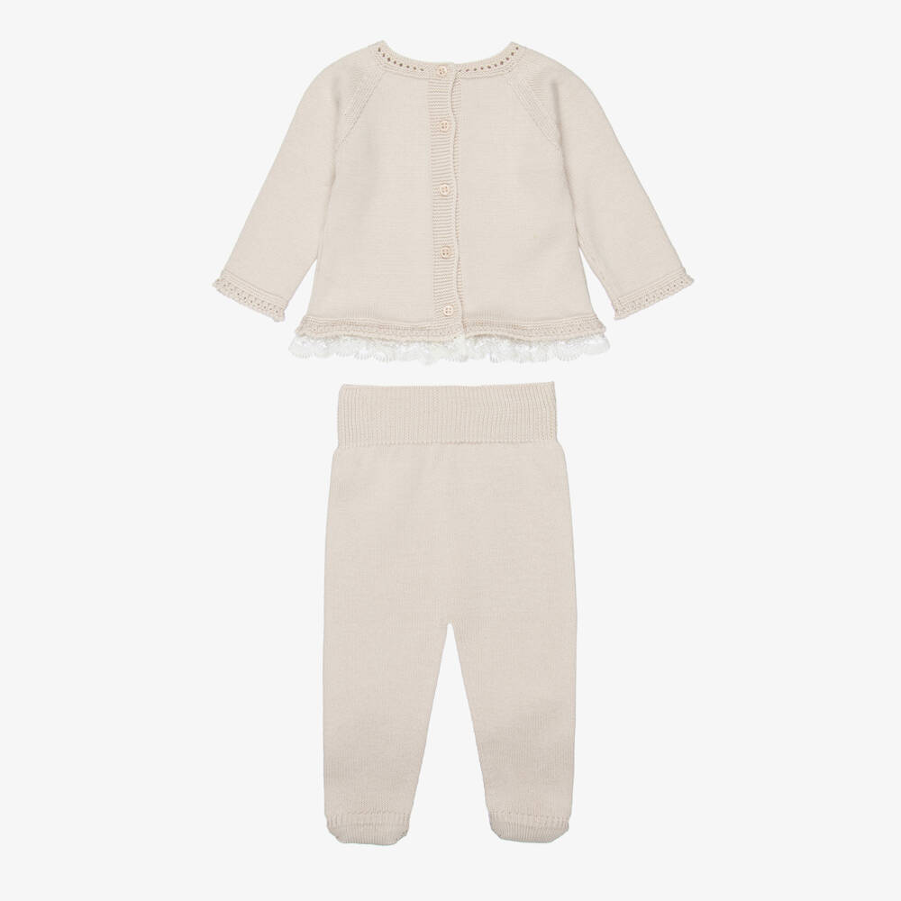 Artesanía Granlei-Girls Beige Knitted 2 Piece Babygrow with Lace Trims | Childrensalon