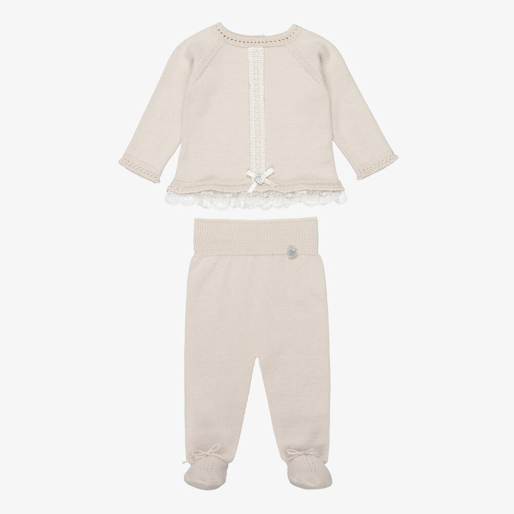 Artesanía Granlei-Girls Beige Knitted 2 Piece Babygrow with Lace Trims | Childrensalon