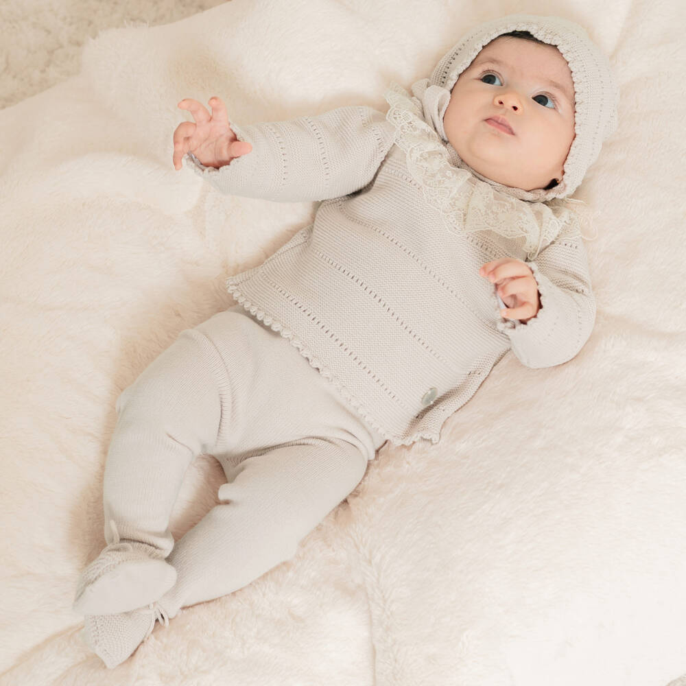 Artesanía Granlei-طقم أفارول قطعتين وقبعة بونيه محبوكة لون بيج للبنات | Childrensalon