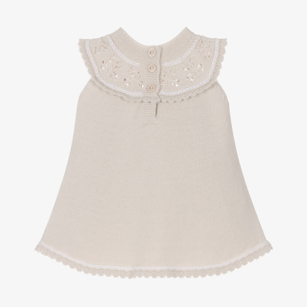 Artesanía Granlei-Girls Beige Knitted Dress with Lacy Collar | Childrensalon
