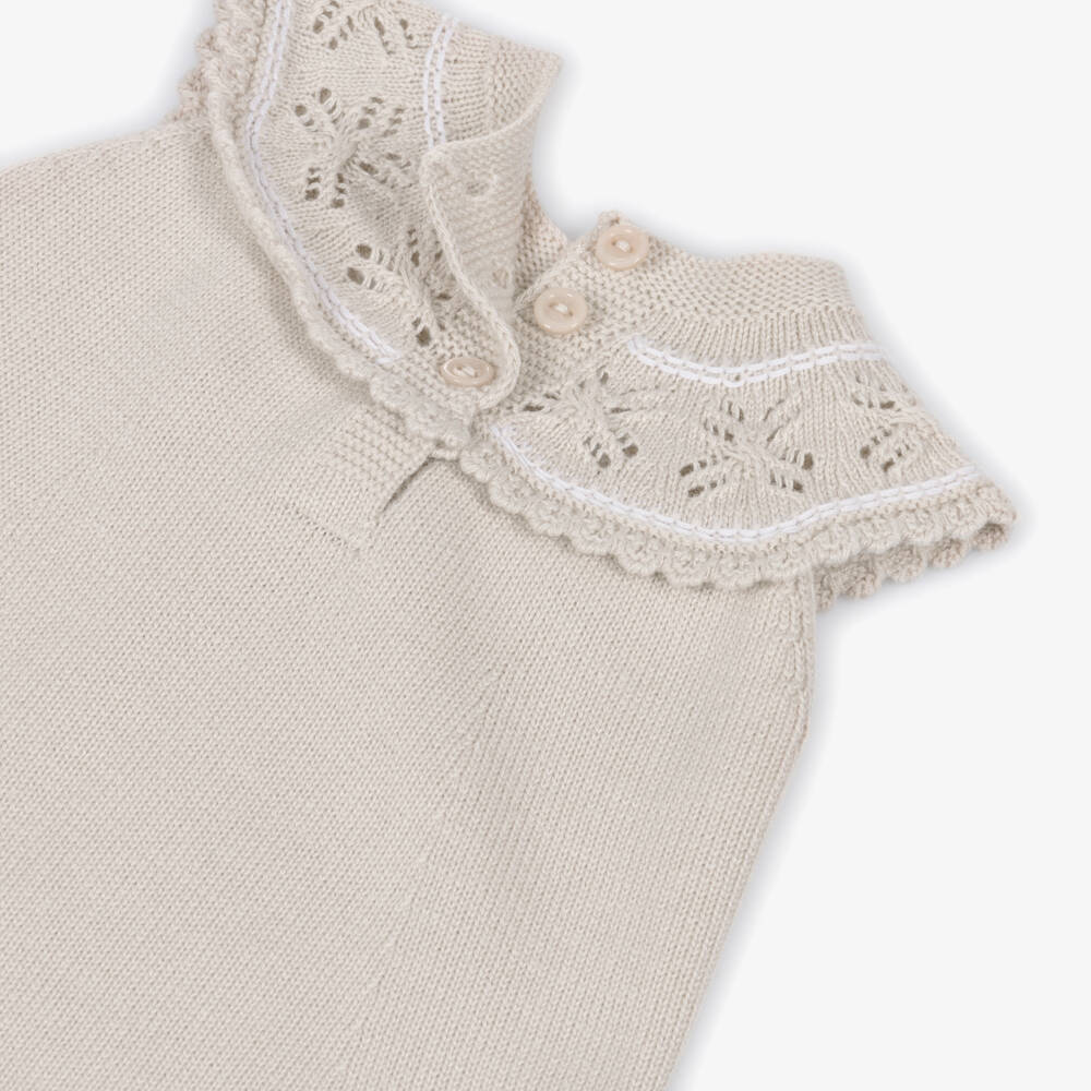 Artesanía Granlei-Girls Beige Knitted Dress with Lacy Collar | Childrensalon
