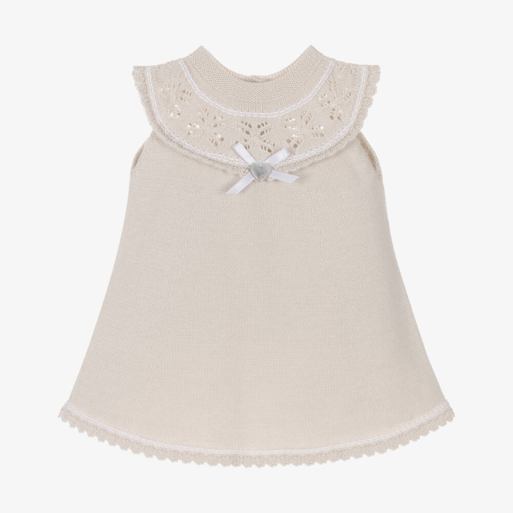 Artesanía Granlei-Girls Beige Knitted Dress with Patterned Collar | Childrensalon