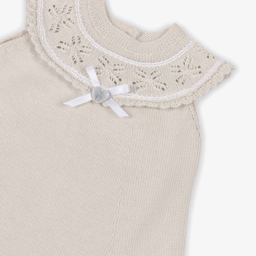 Artesanía Granlei-Girls Beige Knitted Dress with Patterned Collar | Childrensalon