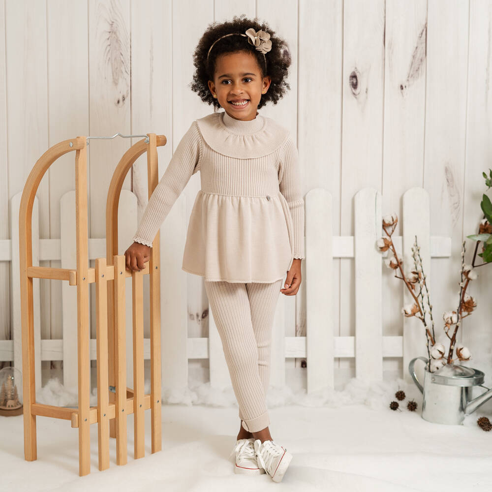 Artesanía Granlei-Girls Beige Ribbed Knit Leggings Set | Childrensalon