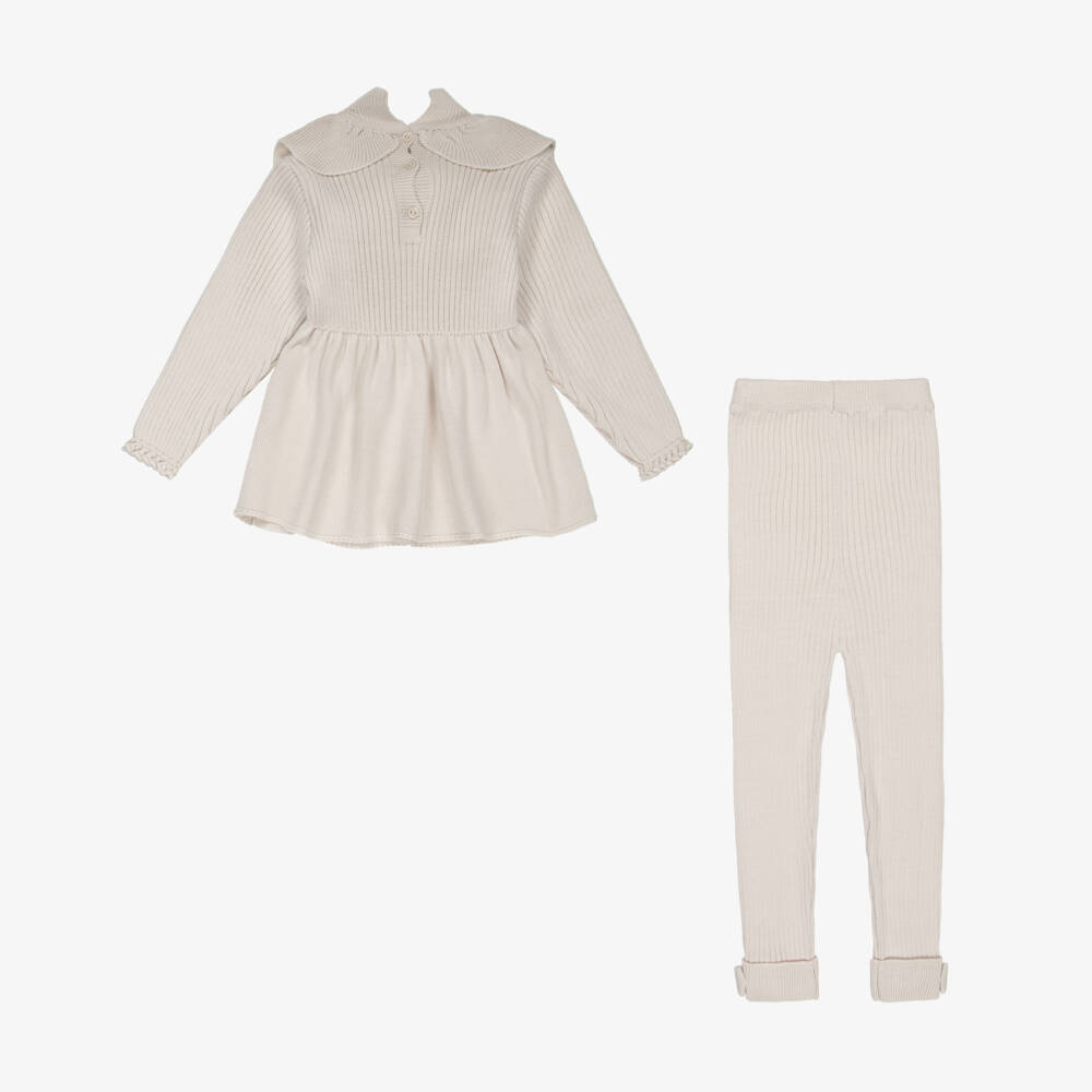 Artesanía Granlei-Girls Beige Ribbed Knit Leggings Set | Childrensalon