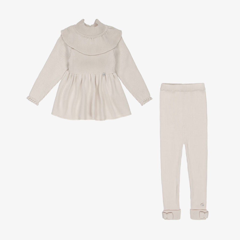 Artesanía Granlei-Girls Beige Ribbed Knit Leggings Set | Childrensalon