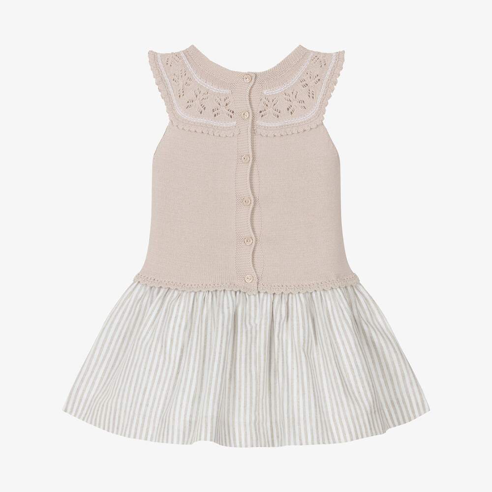 Artesanía Granlei-Girls Beige Sleeveless Knitted & Striped Dress | Childrensalon