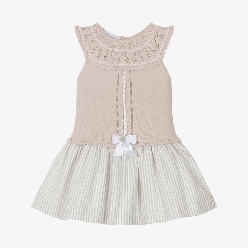 Artesanía Granlei-فستان بدون أكمام ومخطط محبوك لون بيج للبنات | Childrensalon