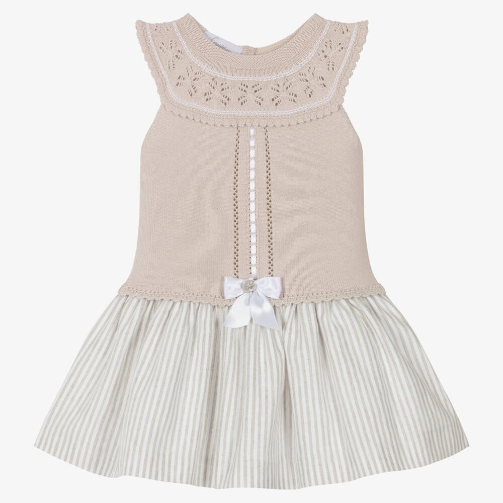 Artesanía Granlei-Girls Beige Sleeveless Knitted & Striped Dress | Childrensalon