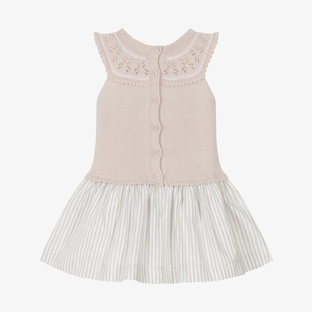 Artesanía Granlei-Girls Beige Sleeveless Knitted & Striped Dress | Childrensalon