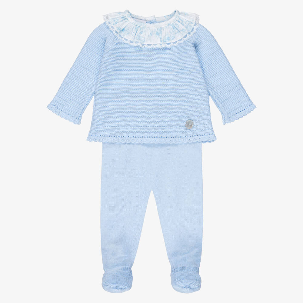 Artesanía Granlei-Girls Blue 2 Piece Babygrow with Floral Print Collar | Childrensalon