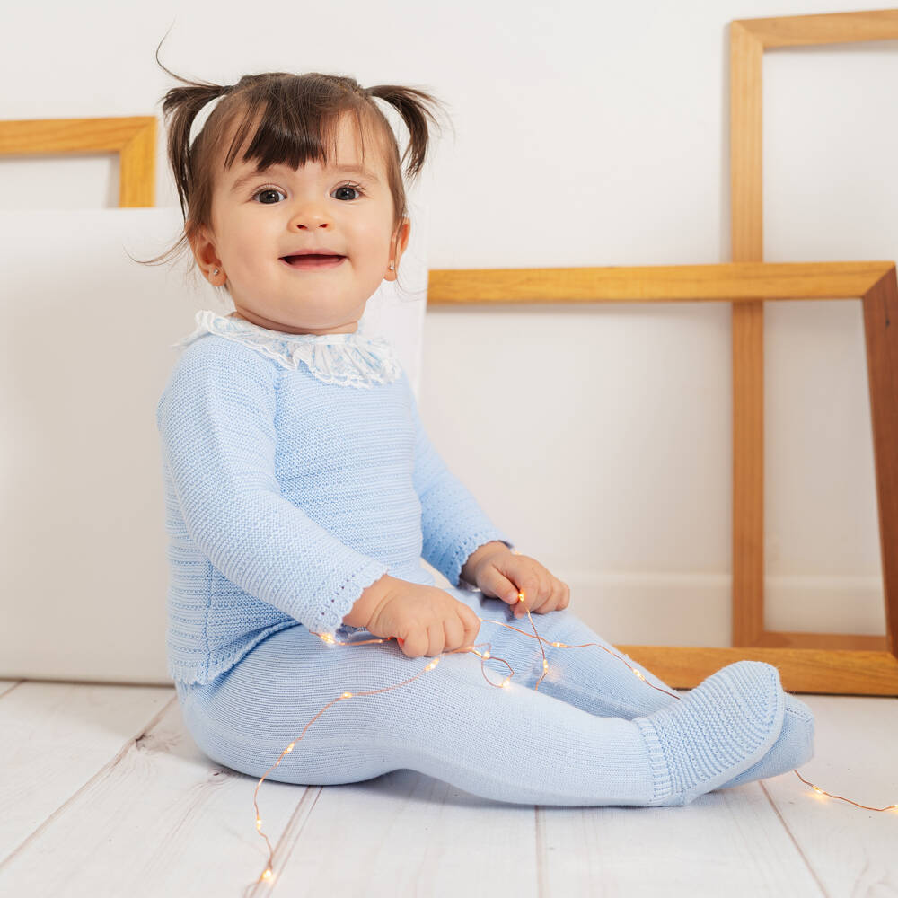 Artesanía Granlei-Girls Blue 2 Piece Babygrow with Floral Print Collar | Childrensalon