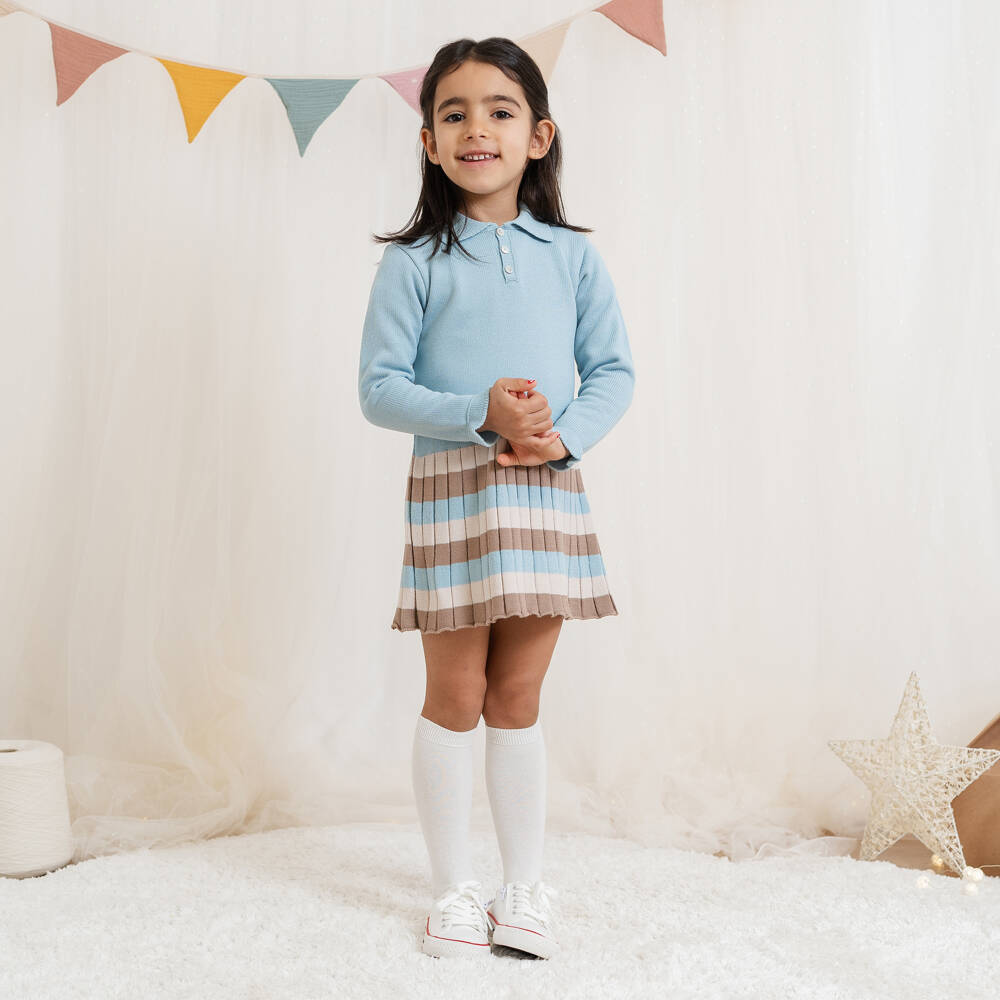 Artesanía Granlei-فستان مخطط محبوك لون بيج وأزرق للبنات | Childrensalon