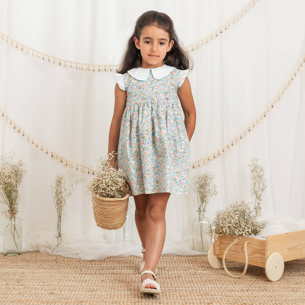 Artesanía Granlei-Girls Blue Cotton Floral Dress with White Collar | Childrensalon