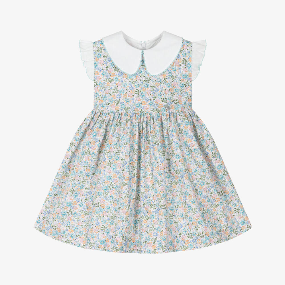 Artesanía Granlei-Girls Blue Cotton Floral Dress with White Collar | Childrensalon