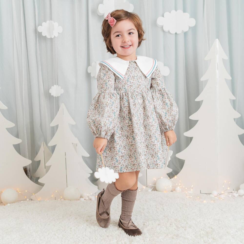 Artesanía Granlei-Girls Blue Floral Cotton Dress with Contrast Collar | Childrensalon