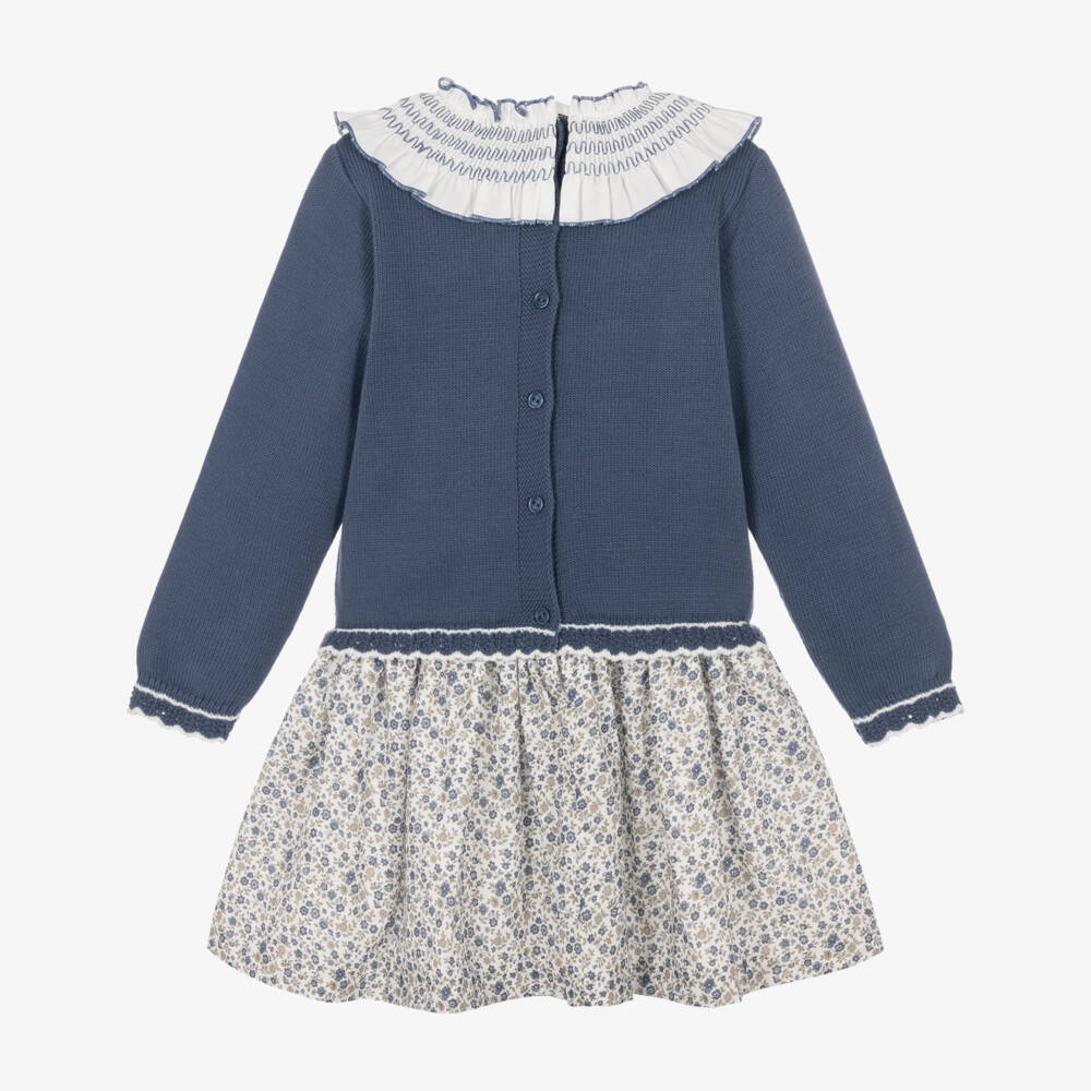Artesanía Granlei-Girls Blue Floral Print Dress with Knitted Bodice | Childrensalon